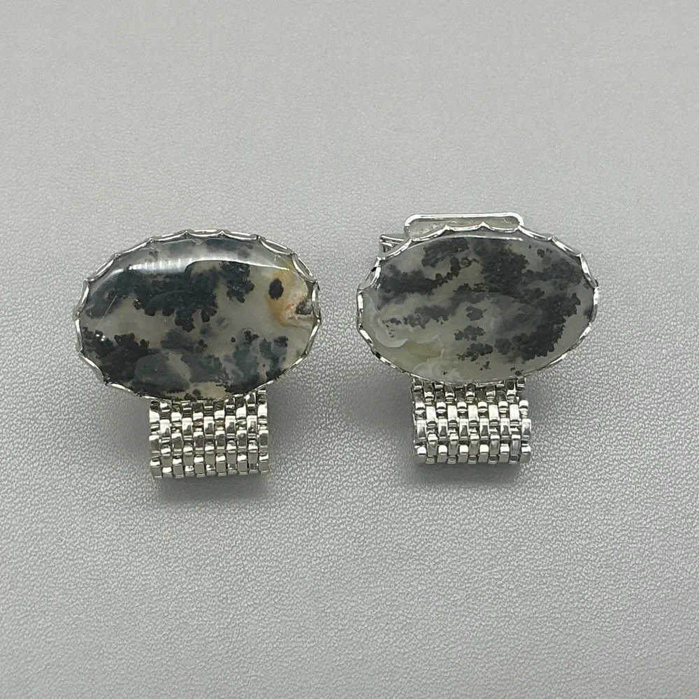 Dendritic Agate Cufflinks Men's Silver Tone Mesh Wrap Around Stone Vintage Style